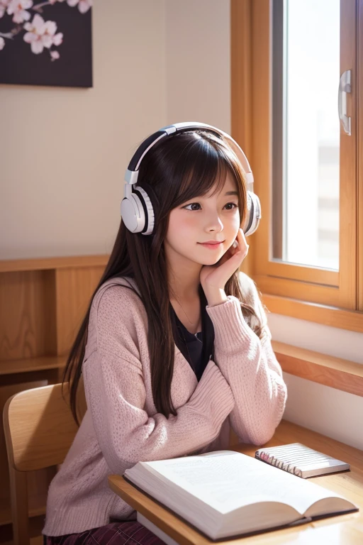 Beautiful girl studying in her room while listening to music with headphones Warm lighting Outside the room, cherry blossoms are blooming Japanese anime style
