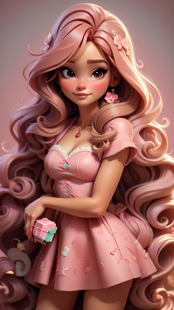 Sweet redhead, Barbie style. pink dress, Scene with candies, long hair
