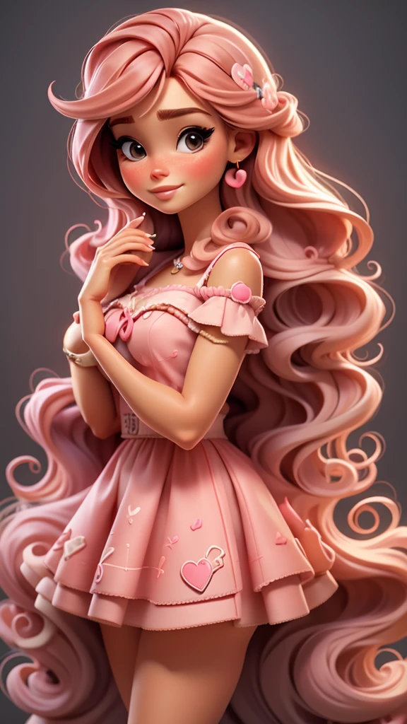 Sweet redhead, Barbie style. pink dress, Scene with candies, long hair
