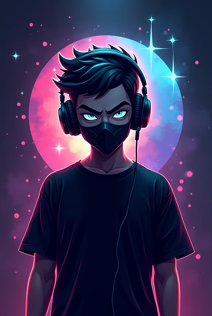 A gamer boy logo who is wearing mask and headphones and black t shirt
