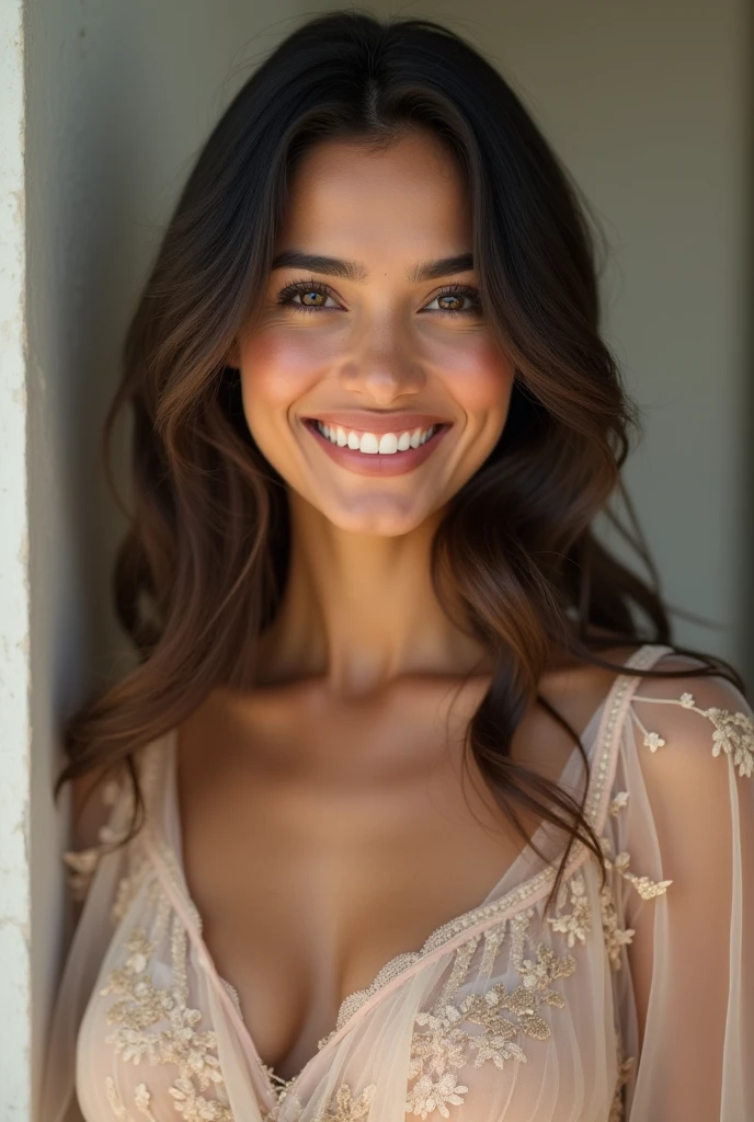 There is a young, Beautiful indian woman, who looks to the future like Katrina Kaif. Smiles into the camera, beautiful teeth. She stands there and looks into the camera, a portrait from raw photo, europa winter dress, party