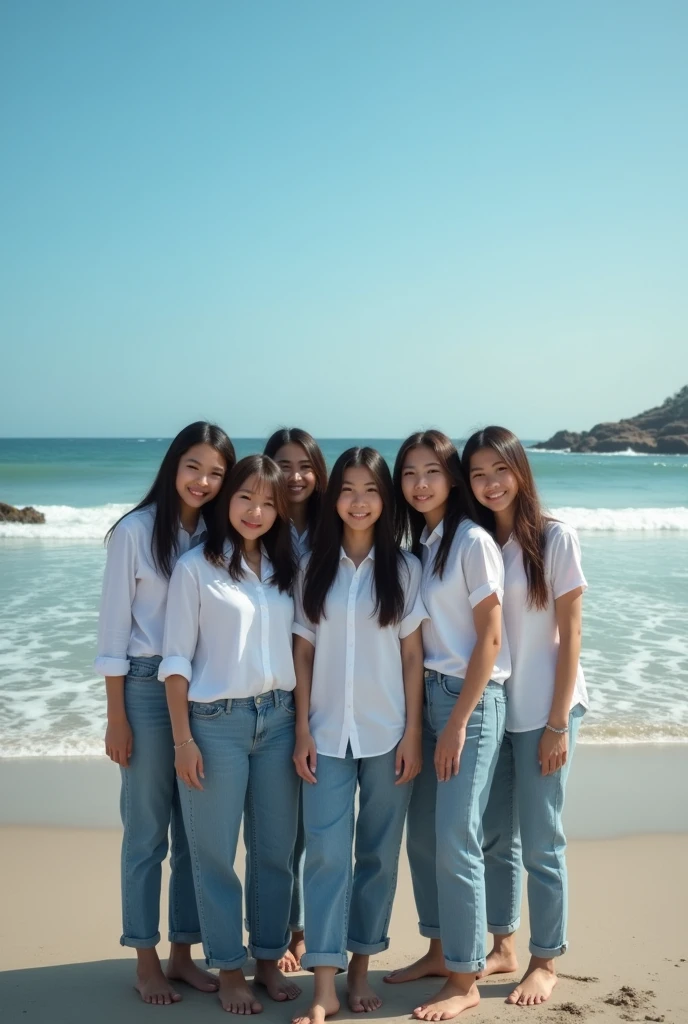 professional group photography there are 8 beautiful Indonesian women, who wears a white shirt , jeans, in tune standing together , with the background on the beach with the attractive lapping of the waves and bright blue clouds. fullHD, ultrahd+ ,  Earth&#39;s atmosphere,realistic, looks authentic, dramatic scene, must be detailed, seen from above using a drone