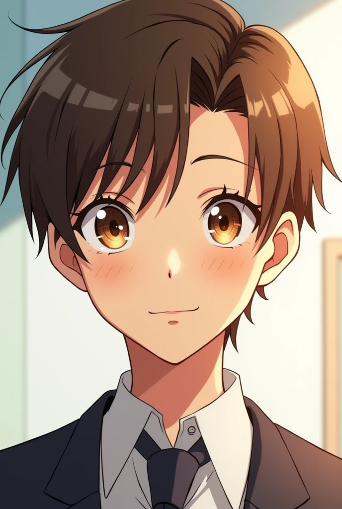 High school boy, brown hair and eyes shining with curiosity, anime style art