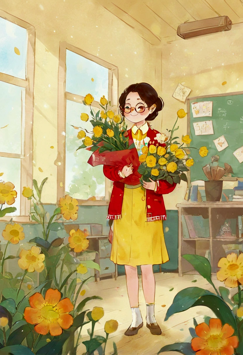 The classroom is filled with sunshine in the afternoon, A teacher wearing glasses happily holds flowers sent by students, warm tone, teacher's character design