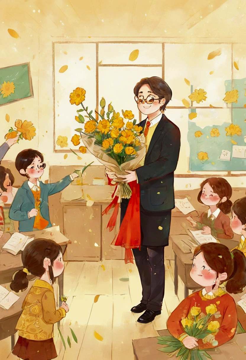 The classroom is filled with sunshine in the afternoon, A teacher wearing glasses happily holds flowers sent by students, warm tone, teacher's character design