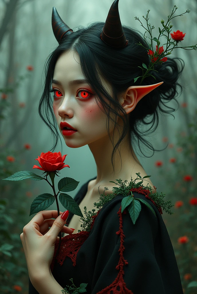 视觉上引人入胜的艺术work, Use color wisely, work, and light. 创新艺术work, Showcase unique and imaginative concepts. (Girl with Hemlock and Rose,With devil's eyes), (Surrealism), (High Detail) 情感共鸣的艺术work, Communicate the narrative effectively. 与发展趋势相符的艺术work, Reflects a sense of movement and progress. 技巧娴熟的艺术work, Show fine details and techniques