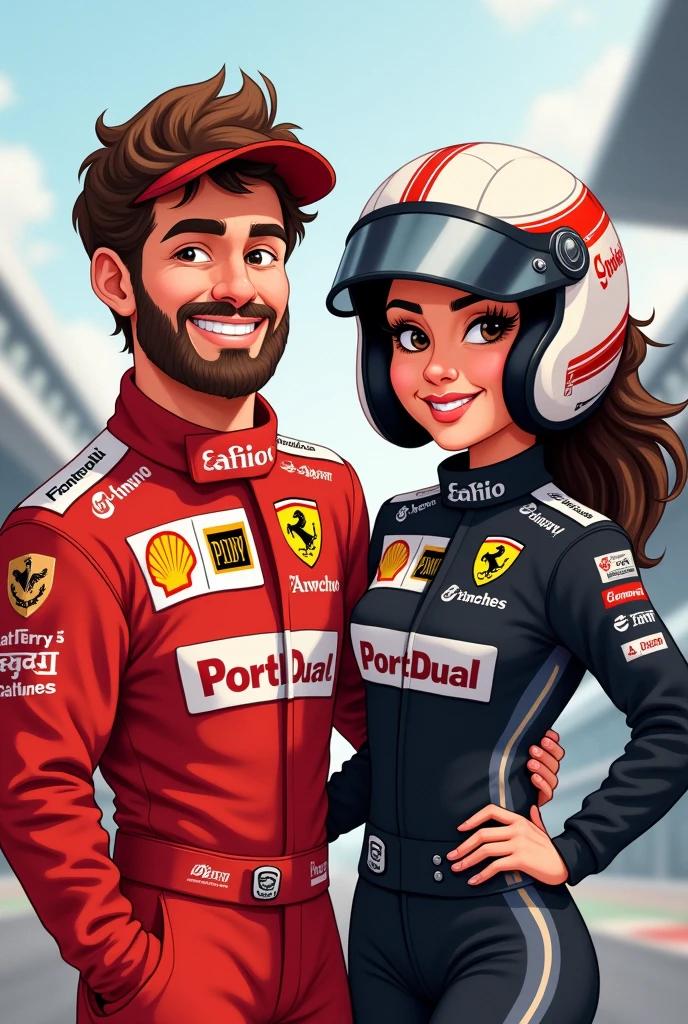 Cute drawing for a birthday card of a couple of Formula 1 drivers He in red clothes and helmet She in black and gray clothes and helmet.