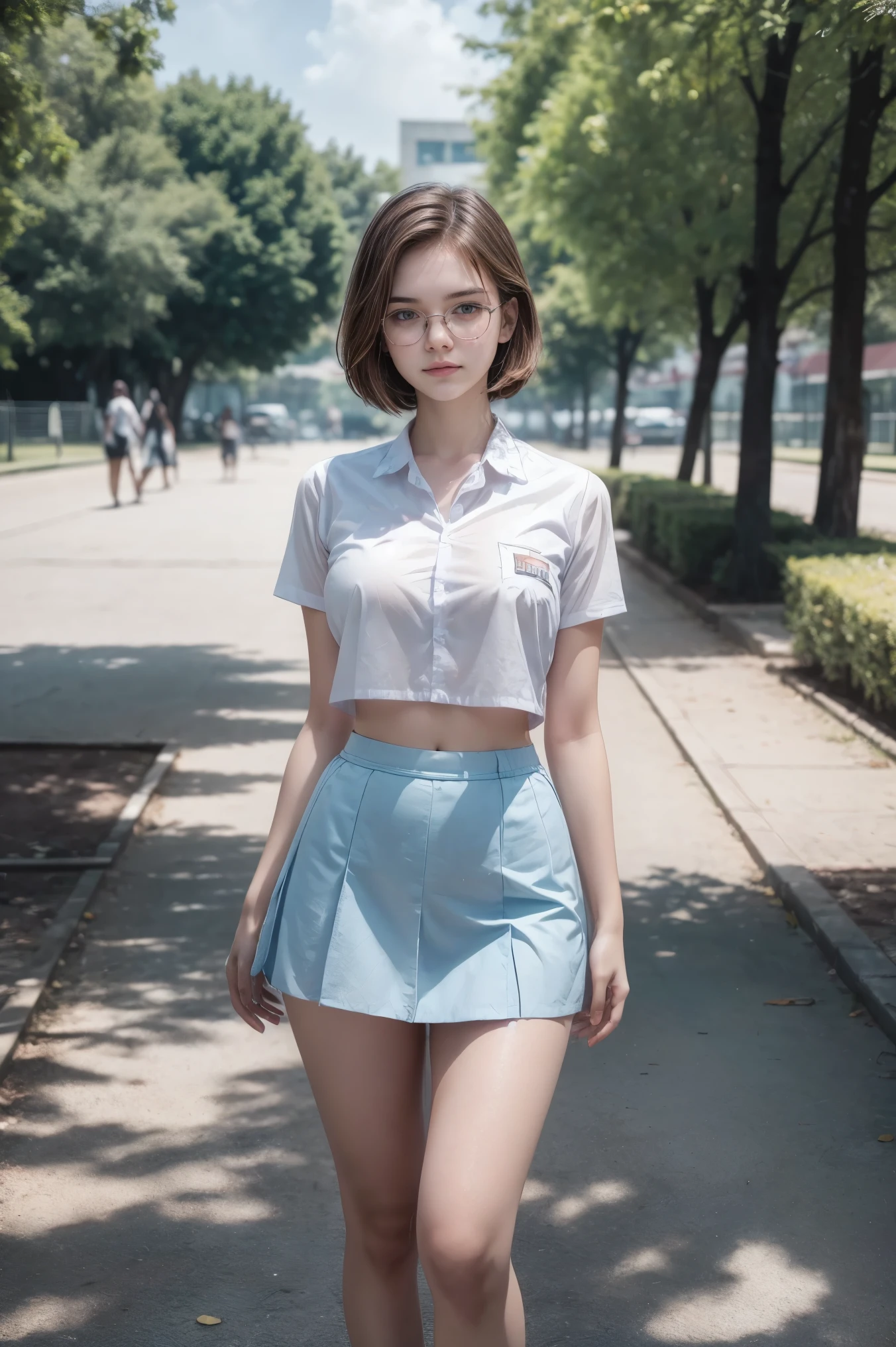 1 girl, (((at park))), (transparent white shirt), (wet shirt), (mini skirt), (pastel blue skirt), RAW photo, (photorealistic:1.37, realistic), highly detailed CG unified 8K wallpapers, 1girl, ((slender body:1)), (small breasts:1.3), looking at viewer, ((straight from front)), (HQ skin:1.2), (clean skin:1.2), 8k uhd, dslr, soft lighting, high quality, film grain, Fujifilm XT3, (full body:0.8) , tokyolagii , (bold glasses), full body in, perfect body, two legs, long legs, naval, (wide waist:1.2), (big tigh:1.3), crop top, (cleavage:0.7), sad, blushing, short hair, Barbara Palvin, school grounds