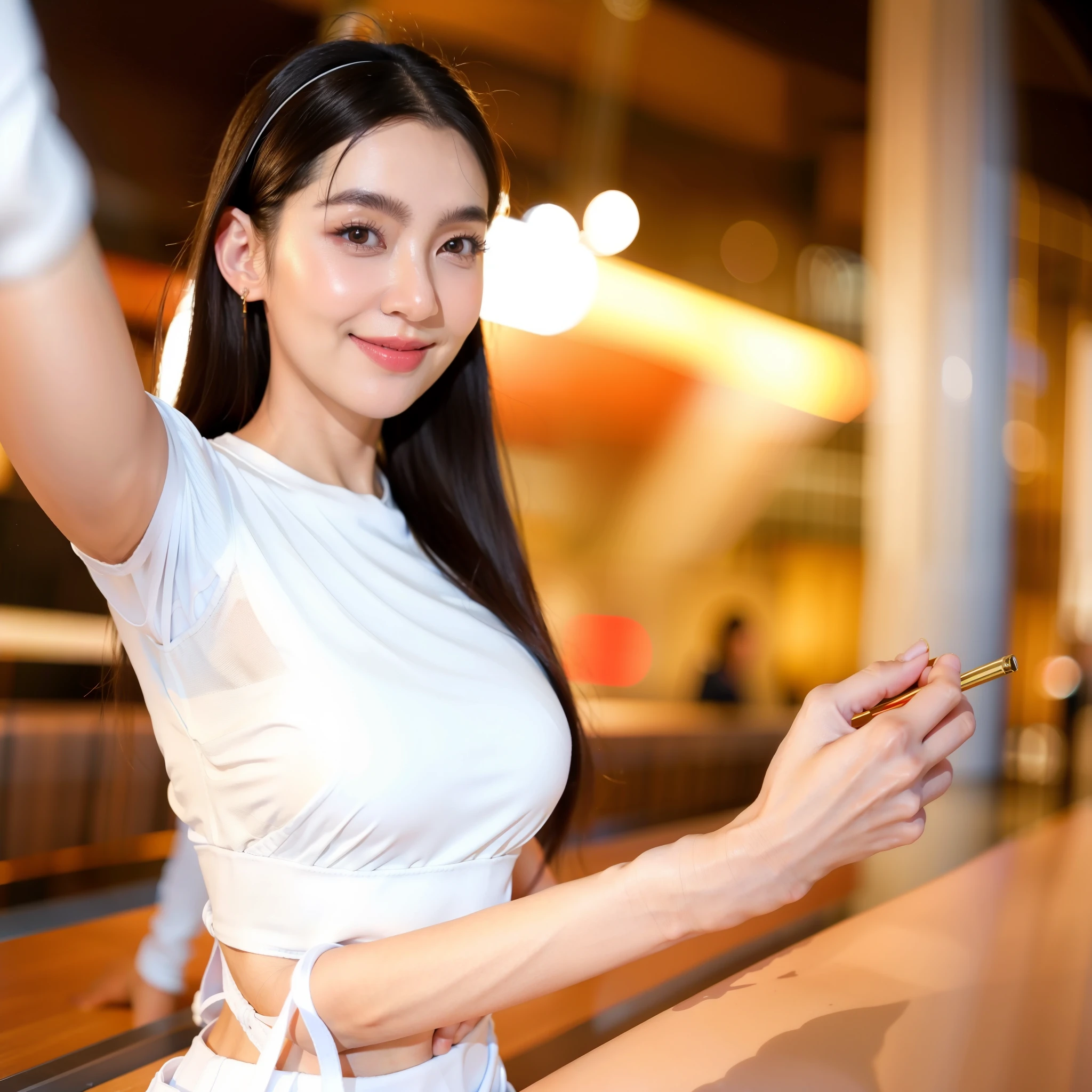 Selfie(best quality)), (white skin),((masterpiece)), (detailed), k-pop,women korean,perfect face,perfect body,perfect breast, smile,tight,Tight white shirt 
 ,((ture person))motion blur,hari ribbon