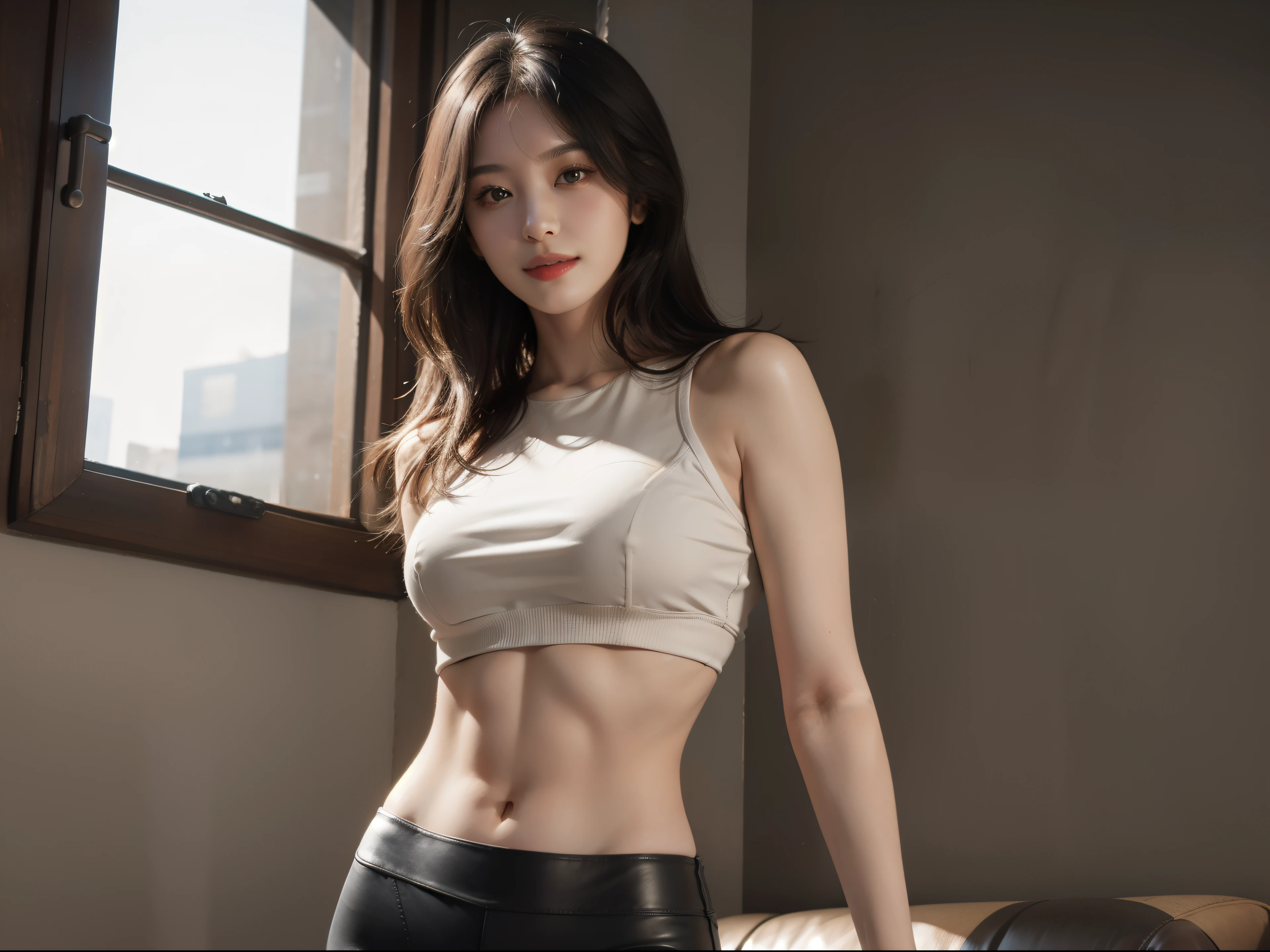 best quality, masterpiece, (photorealistic:1.4), 1girl, light smile, standing, satin crop top, leather leggings, waist up, dramatic lighting, from below