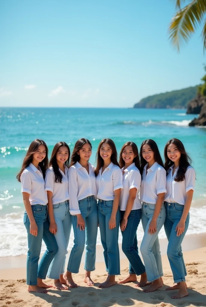 professional group photography there are 8 beautiful Indonesian women, who wears a white shirt , jeans, in tune standing together , with the background on the beach with the attractive lapping of the waves and bright blue clouds. fullHD, ultrahd+ ,  Earth&#39;s atmosphere,realistic, looks authentic, dramatic scene, must be detailed, seen from above using a drone