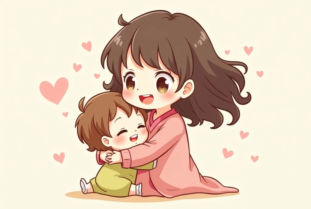 Girl and child,Cartoon,可爱Cartoon,可爱Cartoon风格,maternal love,Cute illustration,Clean anime art,Simple background