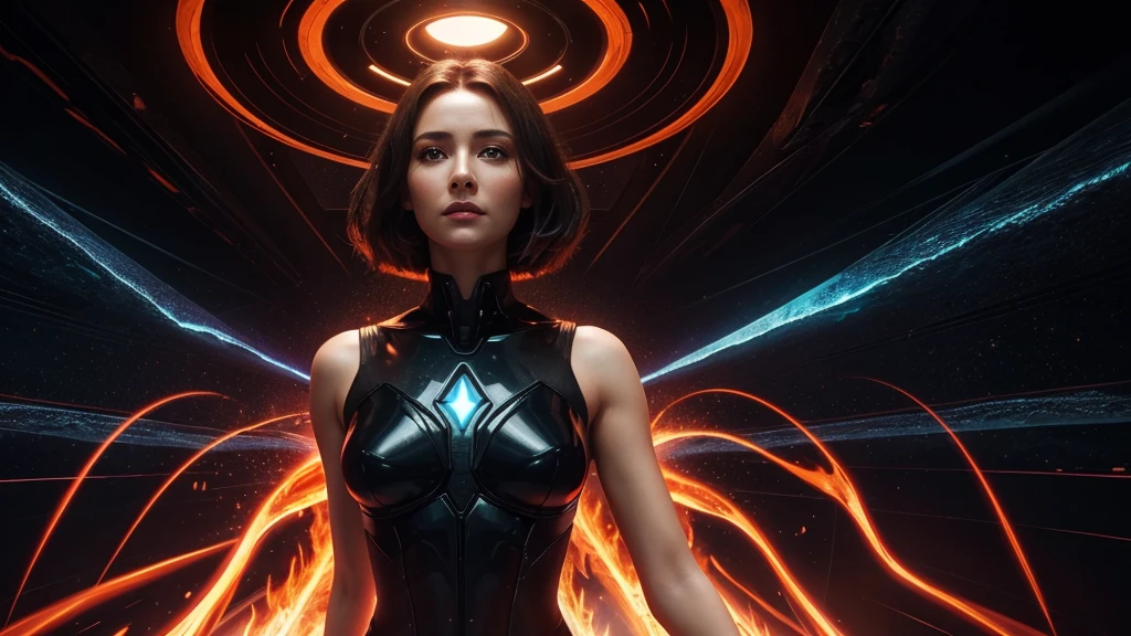 beautiful woman, angelical, in a fourth dimension, out of the Matrix, inimaginavel, seamless, powerful, emanating magma, floating obsidian, (4K), uhd, ultra detaild