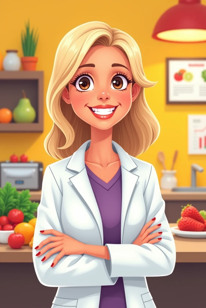A middle-aged blonde nutritionist in cartoon style
