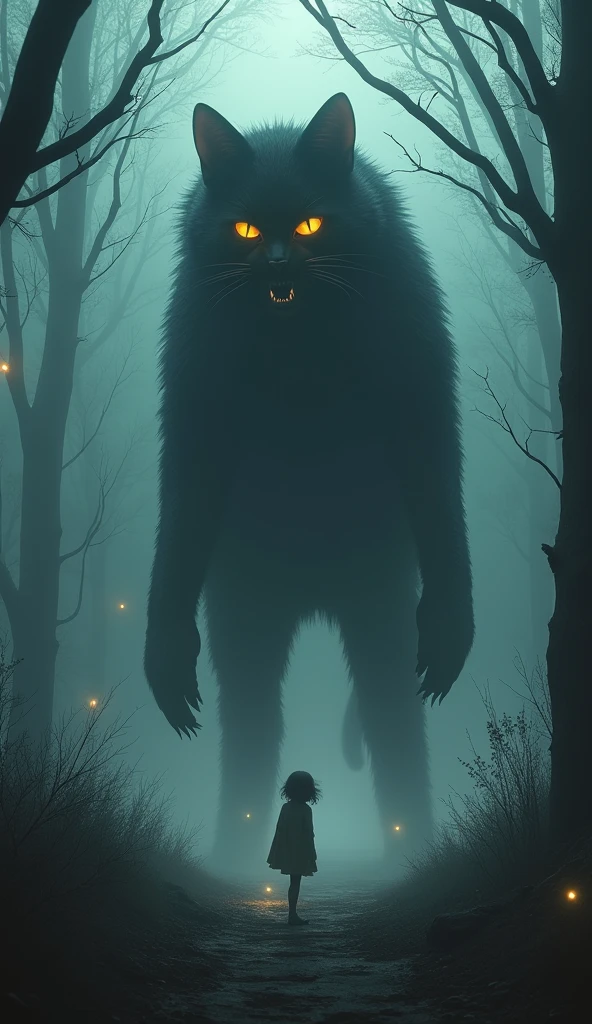 Generate an ultra-realistic 4K surreal scene of a massive, humanoid cat looming over a small, frightened girl in a dark, fog-covered forest. The cat, with shadowy black fur and glowing, menacing eyes, stands on two legs in a disturbingly human posture, its head tilted as it leans down towards the girl with an eerie curiosity. The surrounding forest is twisted and oppressive, with gnarled, claw-like branches and faint, ghostly lights barely illuminating the dense mist. The cat's posture and the unsettling environment should create a powerful sense of dread, blurring the line between the familiar and the horrifying