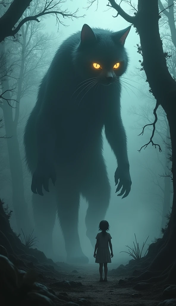 Generate an ultra-realistic 4K surreal scene of a massive, humanoid cat looming over a small, frightened girl in a dark, fog-covered forest. The cat, with shadowy black fur and glowing, menacing eyes, stands on two legs in a disturbingly human posture, its head tilted as it leans down towards the girl with an eerie curiosity. The surrounding forest is twisted and oppressive, with gnarled, claw-like branches and faint, ghostly lights barely illuminating the dense mist. The cat's posture and the unsettling environment should create a powerful sense of dread, blurring the line between the familiar and the horrifying