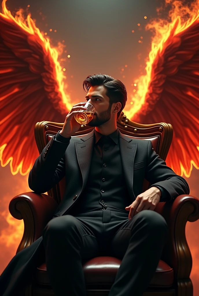 (8 k, Best quality, Masterpiece:), Lucifer Morningstar, Dark haired british male angel, Evil smile, Flaming wings, the devil, Angel Fall, fire in the background, details, Dark suit, Club topic, 1:1 percentage, Sitting on the throne drinking whiskey, details, real