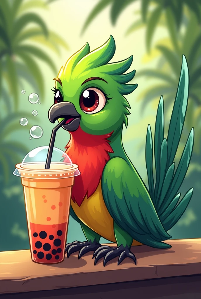 Cartoon of a quetzal drinking bubble tea