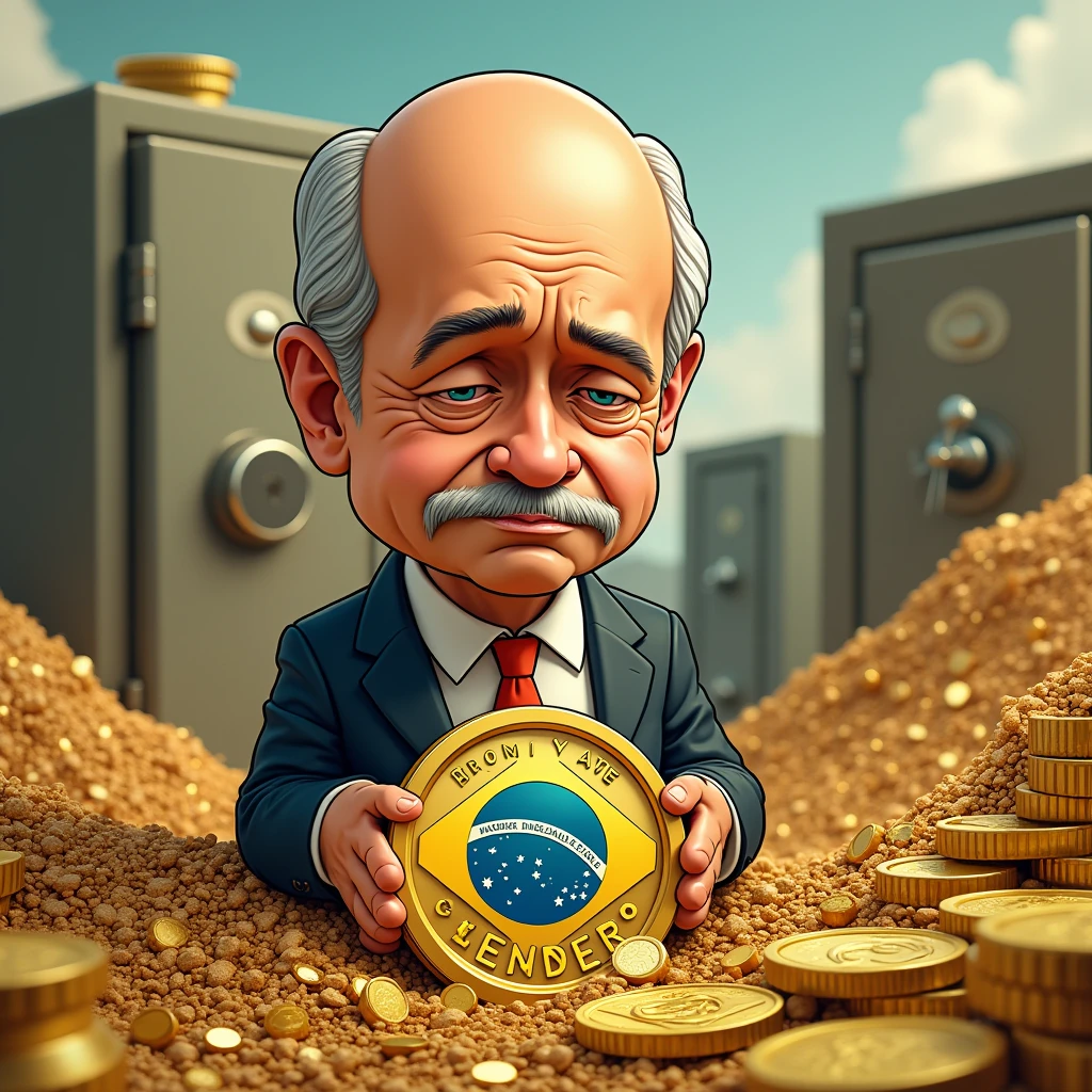 Bald Dictator&#39;s Gold Coin: A cartoon representation of Brazilian minister Alexandre de Moraes, depicted on a gold coin. totally bald, no mustache or beard, the character displays a sad expression, reflecting the lack of value. dress with suit and tie, Ao fundo, mountains of coins and safes symbolize the illusion of power and wealth. The Brazilian flag is delicately minted on the coin, creating a high definition, detail-rich image, captured in an ultra-wide-angle perspective.