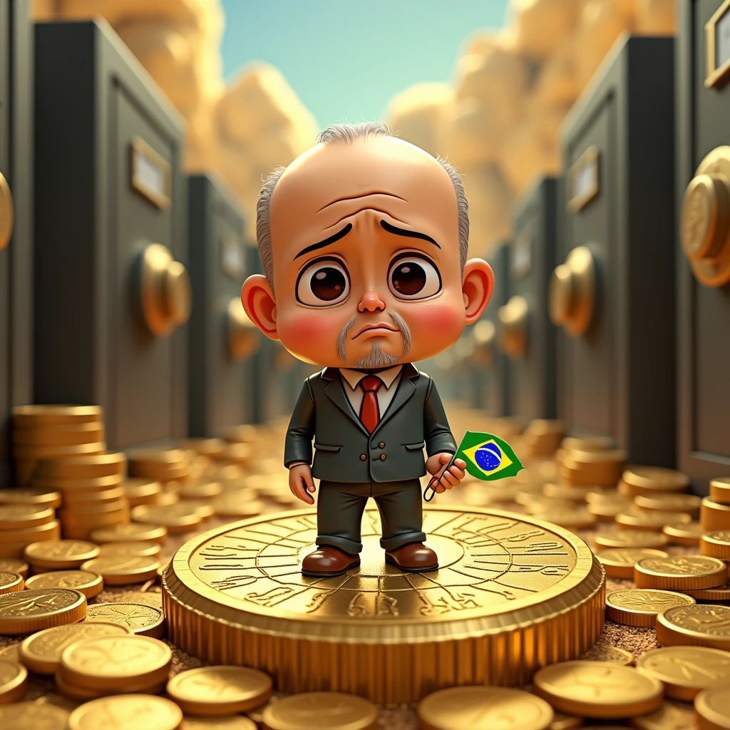 Bald Dictator&#39;s Gold Coin: A cartoon representation of Brazilian minister Alexandre de Moraes, depicted on a gold coin. totally bald, no mustache or beard, the character displays a sad expression, reflecting the lack of value. dress with suit and tie, Ao fundo, mountains of coins and safes symbolize the illusion of power and wealth. The Brazilian flag is delicately minted on the coin, creating a high definition, detail-rich image, captured in an ultra-wide-angle perspective.