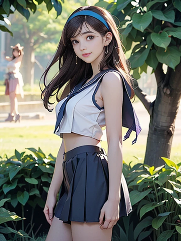((((best quality))))、(((Ultra-high precision CG16K wallpaper)))、(((杰do)))、(((Very detailed)))、(((Extremely detailed)))、((1Two mature women:1.6))、((Very beautiful Japanese face))、((do々Nozomi:1.5))、((Straight Hair,Moderate length、Bangs:1.3))、(Shiny Brown Hair)、beautiful delicate eyes、Brown eyes、Eyeliner、Eyeshadow、high nose、Small nostril、Little mouth、Tempting lips、beautiful breasts、((C cup size breasts))、cleveage、beautiful feet、Eight-head body、Perfect proportion、Perfect anatomical structure、Perfect composition、beautiful detailed shading、beautiful, Natural Lighting、beautiful detail glow、Writing border depth、(((High chroma)))、(((real:1.9)))、((vivid:1.5))、((beautiful Skin))、((Texture))、((realな皮膚感))、(((Cowboy shooting:1.6)))、((Front view、Shooting from the front、Front low angle:1.6))、(((Smile:1.5)))、((Women are watching this、Looking at the audience、Future-proof:1.6))、bright daylight、Natural light、(((Garden、Trees:1.5)))、(Carve idol poses:1.6)、(((Navy Sleeveless Midriff-Exposed Sailor Shirt、Pleated Mini Skirt Costume:1.6)))、((earrings、necklace、Wear a headband:1.5))、