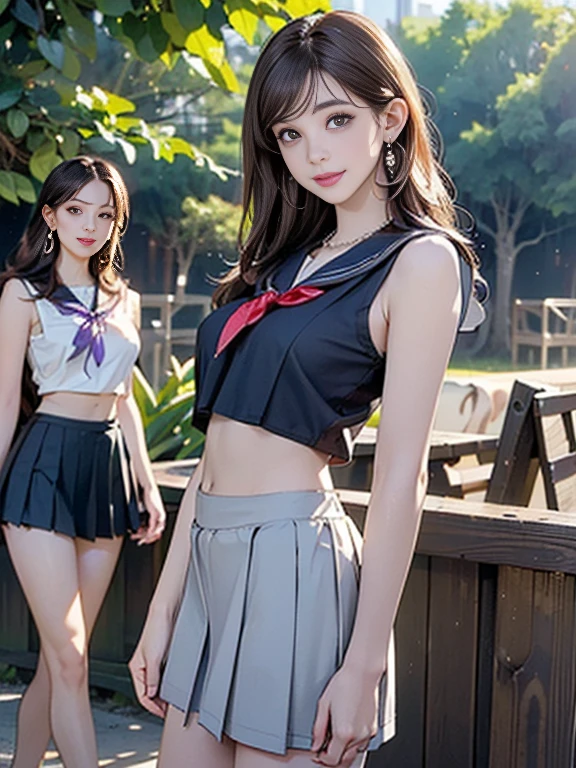 ((((best quality))))、(((Ultra-high precision CG16K wallpaper)))、(((杰do)))、(((Very detailed)))、(((Extremely detailed)))、((１Two mature women:1.6))、((Very beautiful Japanese face))、((do々Nozomi:1.5))、((Straight Hair，Moderate length、Bangs:1.3))、(Shiny Brown Hair)、beautiful delicate eyes、Brown eyes、Eyeliner、Eyeshadow、high nose、Small nostril、Little mouth、Tempting lips、beautiful breasts、((C cup size breasts))、cleveage、beautiful feet、Eight-head body、Perfect proportion、Perfect anatomical structure、Perfect composition、beautiful detailed shading、beautiful, Natural Lighting、beautiful detail glow、Writing border depth、(((High chroma)))、(((real:1.9)))、((vivid:1.5))、((beautiful Skin))、((Texture))、((realな皮膚感))、(((Cowboy shooting:1.6)))、((Front view、Shooting from the front、Front low angle:1.6))、(((Smile:1.5)))、((Women are watching this、Looking at the audience、Future-proof:1.6))、bright  daylight、Natural light、(((Garden、Trees:1.5)))、(Carve idol poses:1.6)、(((Navy Sleeveless Midriff-Exposed Sailor Shirt、Pleated Mini Skirt Costume:1.6)))、((earrings、necklace、Wear a headband:1.5))、