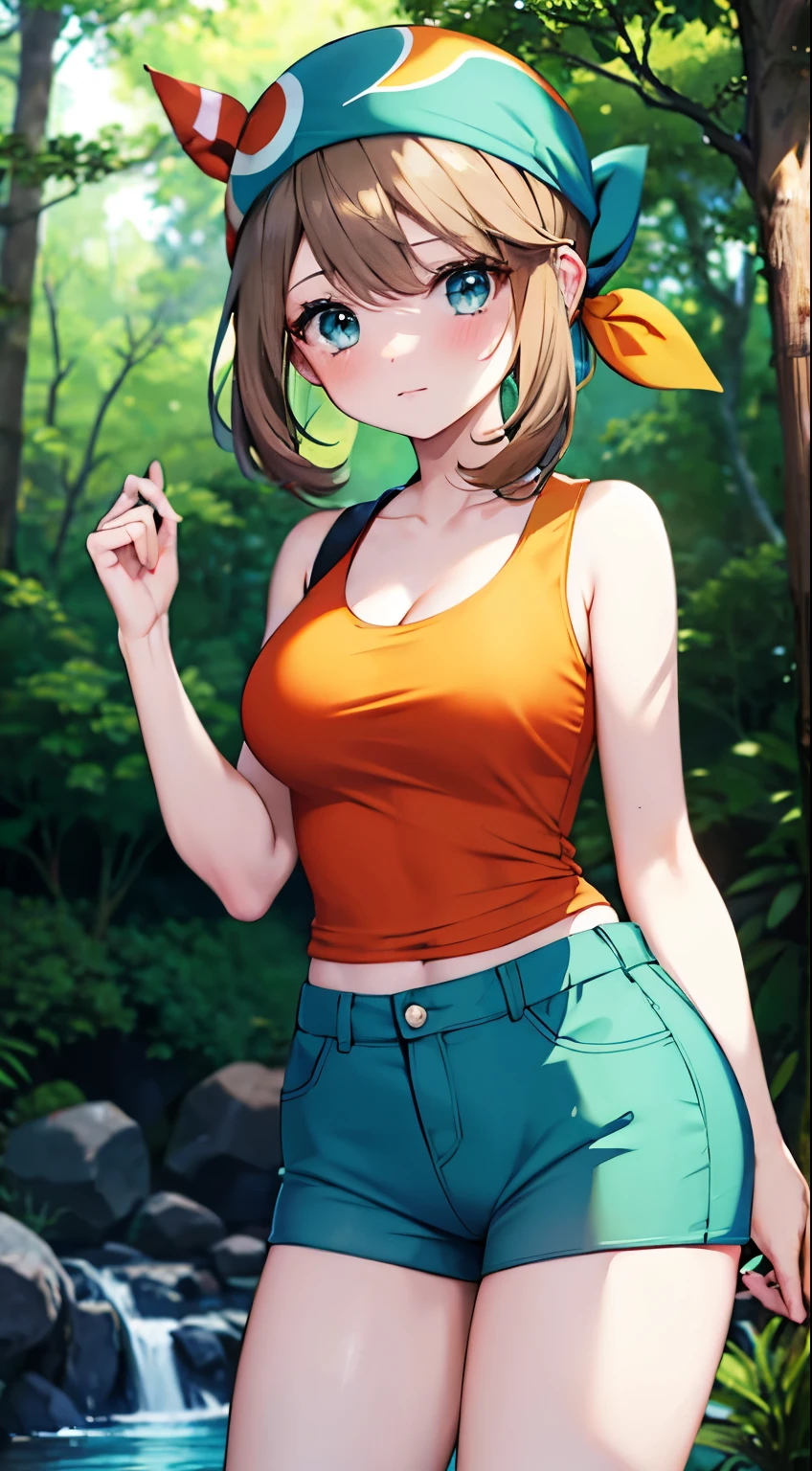 Brown hair，blue eyes，，short hair，Double tail，Beautiful woman，Orange top，Green shorts，Cyan bandana，Large Breasts，Happy《Pokemon》Forest Background，blush