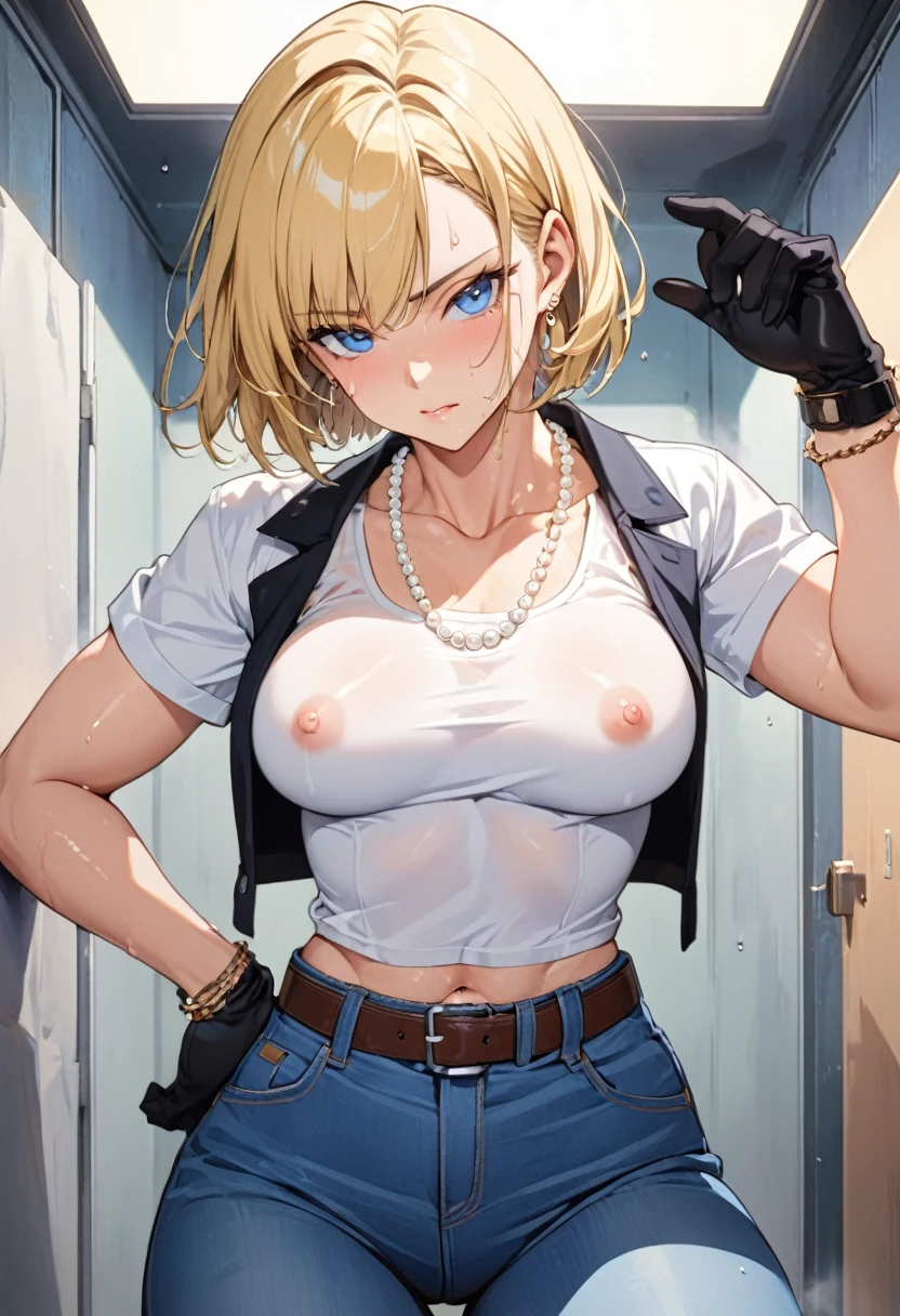 masterpiece, Highest quality, High resolution, (Artificial Human Room No. 18),1990s \(style\),(E-cup beautiful breasts)、height: 170cm,Sweating all over the body、vapor、Muscular、((sexy))、(nsfw),(M-shaped legs),Sweaty、独奏,Anime-style painting style, blonde hair, Blue eyes, belt, jeans, pearl_necklace, bracelet, black gloves, white shirt, short hair, short sleeves, earrings, blue short pants, open vest, black vest,middle breasts,Composition focusing on the upper body,(Cool face)、Pointed eyes