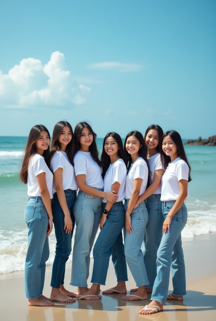 professional group photography there are 8 beautiful Indonesian women, who wears a white shirt , jeans, in tune standing together , with the background on the beach with the attractive lapping of the waves and bright blue clouds. fullHD, ultrahd+ ,  Earth&#39;s atmosphere,realistic, looks authentic, dramatic scene, must be detailed, seen from above using a drone