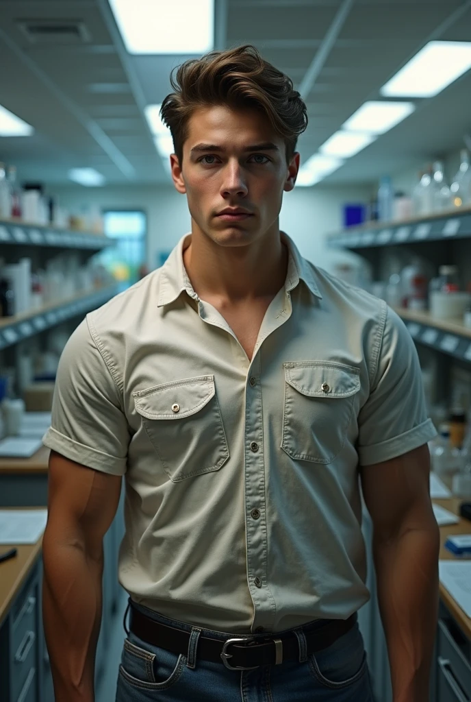 Good looking Caucasian Fifteen year old in a high school chemistry lab just dosed himself with a muscle growth serum and is growing taller and more muscular. His clothes have grown tight over his growing, muscled body