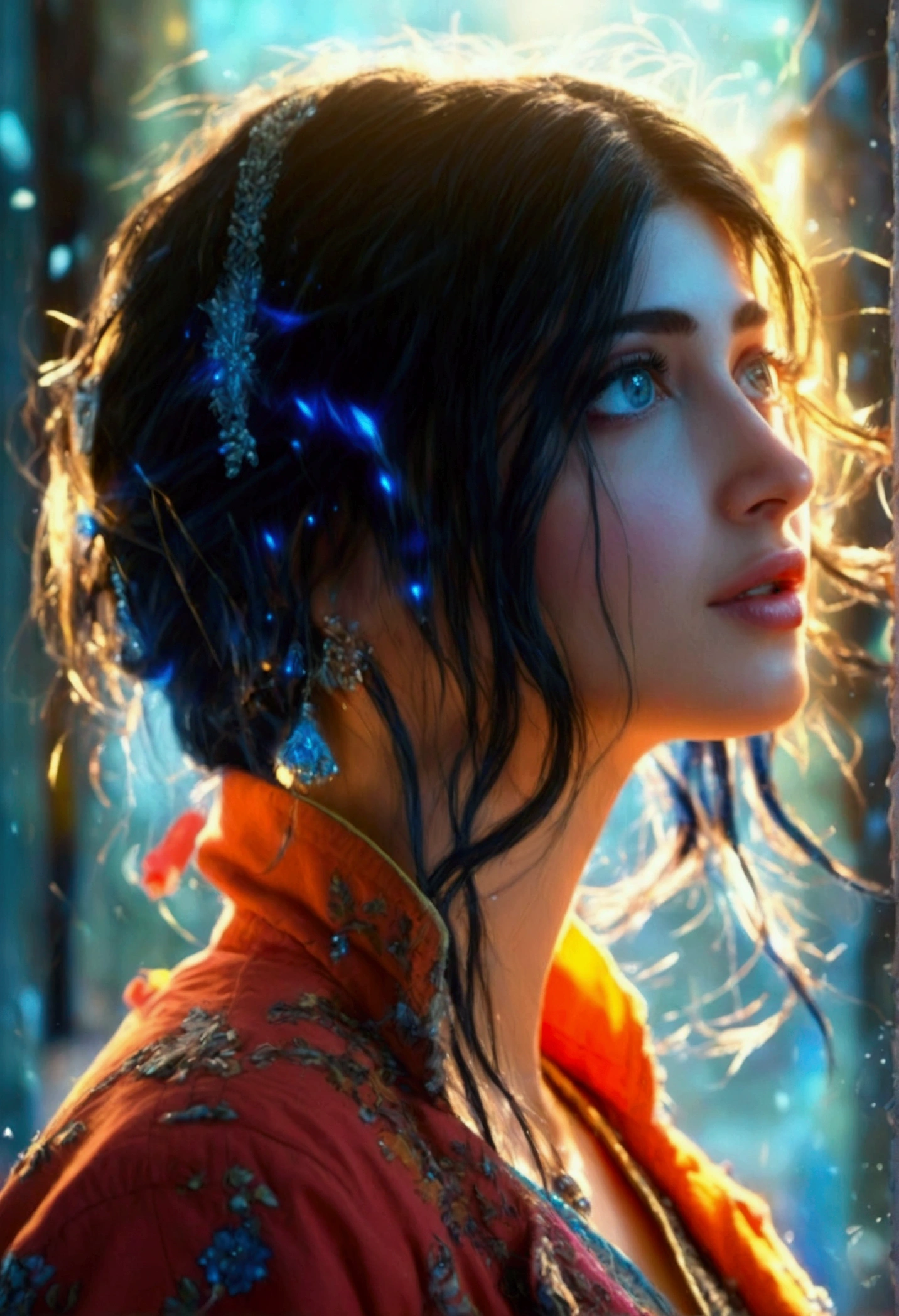 a beautiful detailed girl with blue eyes, black hair, and a jacket, extremely detailed face and eyes, longeyelashes, medium hair, (best quality,4k,8k,highres,masterpiece:1.2),ultra-detailed,(realistic,photorealistic,photo-realistic:1.37),cinematic lighting,intricate details,elegant pose,cinematic lighting,warm color tones,dramatic shadows, Shruti 