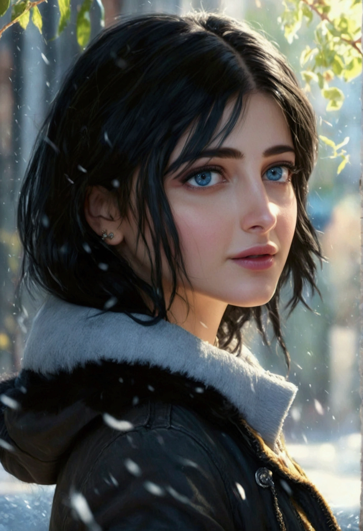 a beautiful detailed girl with blue eyes, black hair, and a jacket, extremely detailed face and eyes, longeyelashes, medium hair, (best quality,4k,8k,highres,masterpiece:1.2),ultra-detailed,(realistic,photorealistic,photo-realistic:1.37),cinematic lighting,intricate details,elegant pose,cinematic lighting,warm color tones,dramatic shadows, Shruti 