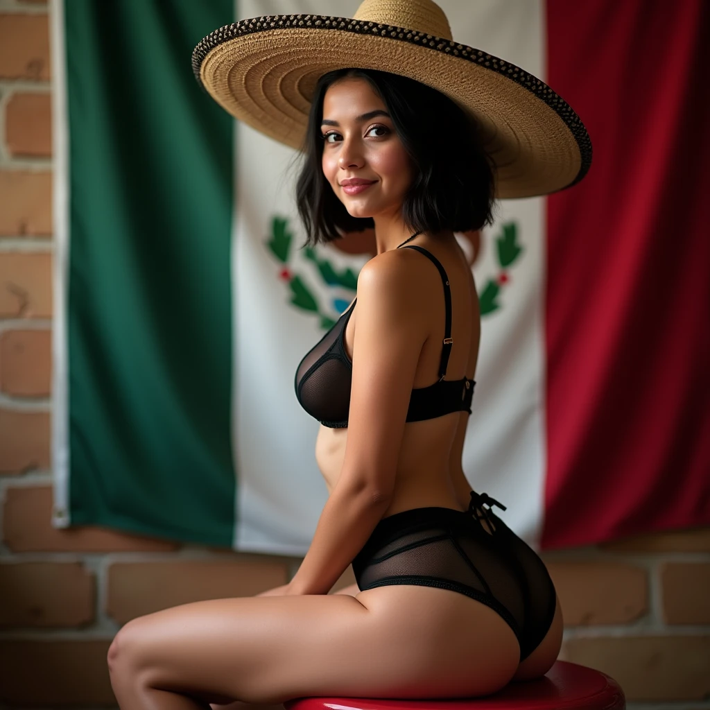 Latin woman, 15 years, light eyes, huge breasts, huge buttocks, Beautiful face, innocent look, flirtatious smile, full lips, pink lips, Black transparent lingerie with Mexican piping, short black hair, Mexican hat, sitting on a red stool, She with her back turned looking at the wall, In the background, the Mexican flag, close up shot from the waist up
