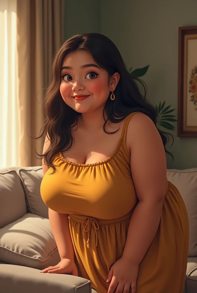 Chubby thick plump indonesia girl smiling wearing dress bend over at sofa