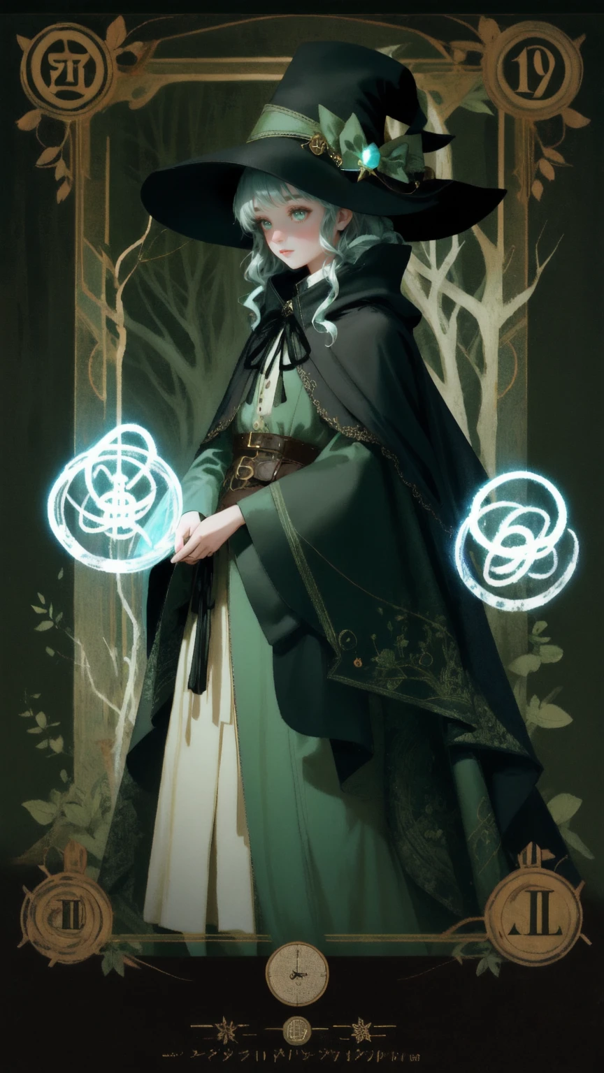 A whimsical scene in an enchanted forest with twisted, eerie trees and floating symbols. A young girl with a wide-brimmed hat and glowing, mysterious eyes stands on a cobblestone path. She has a surprised expression, holding an object like a scroll or parchment (without any text) in both hands. Her outfit is a mix of fantasy and steampunk style, with a cloak and a small clock symbol on her hat. The background is filled with curving, gnarled branches, set against a misty green background, adding a sense of magic and mystery to the scene.