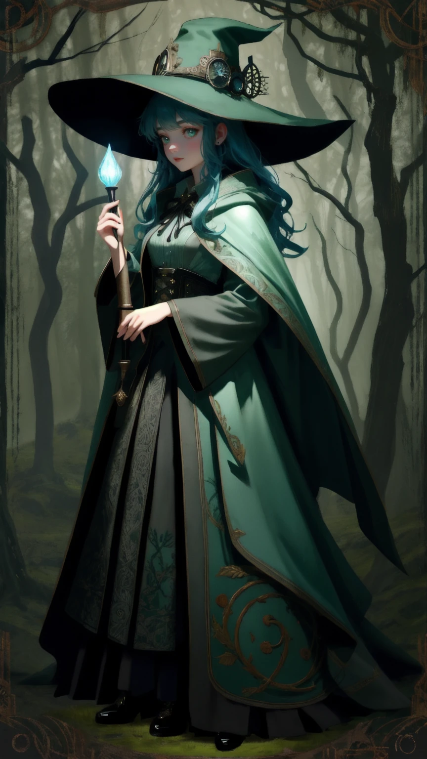 A whimsical scene in an enchanted forest with twisted, eerie trees and floating symbols. A young girl with a wide-brimmed hat and glowing, mysterious eyes stands on a cobblestone path. She has a surprised expression, holding an object like a scroll or parchment (without any text) in both hands. Her outfit is a mix of fantasy and steampunk style, with a cloak and a small clock symbol on her hat. The background is filled with curving, gnarled branches, set against a misty green background, adding a sense of magic and mystery to the scene.
