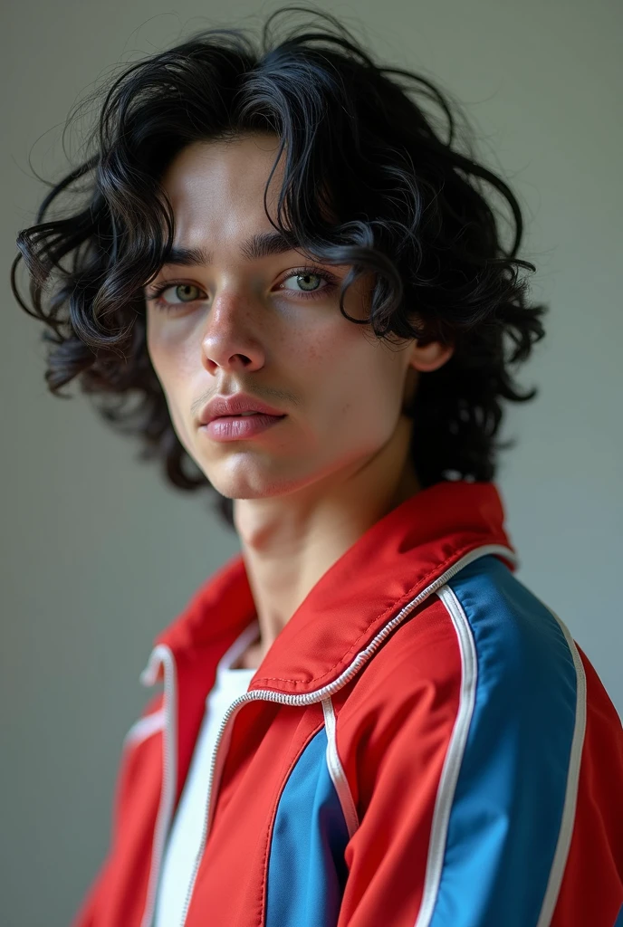 handsome young guy with feminine features, dressed in a red, blue and white tracksuit from the 80s, he has grey eyes , he has long black curly hair , and has pale skin