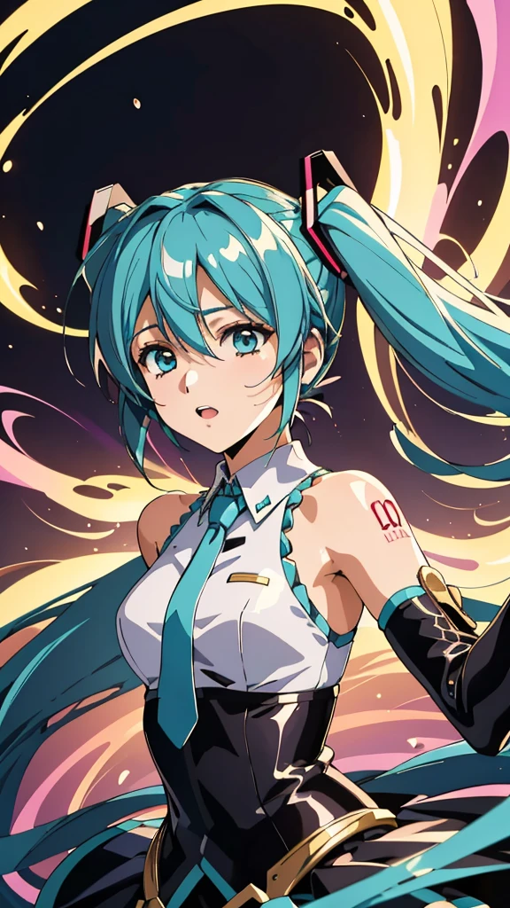 (masterpiece, best quality, highres:1.2), (intricate and beautiful:1.2), (detailed light:1.2), (colorful, dynamic angle), upper body shot, fashion photography of cute, intense long hair, (Hatsune Miku), dancing pose, flirting with POV, dynamic pose, soft moonlight passing through hair, (abstract colorful art background:1.3), (official art), (cinematic),