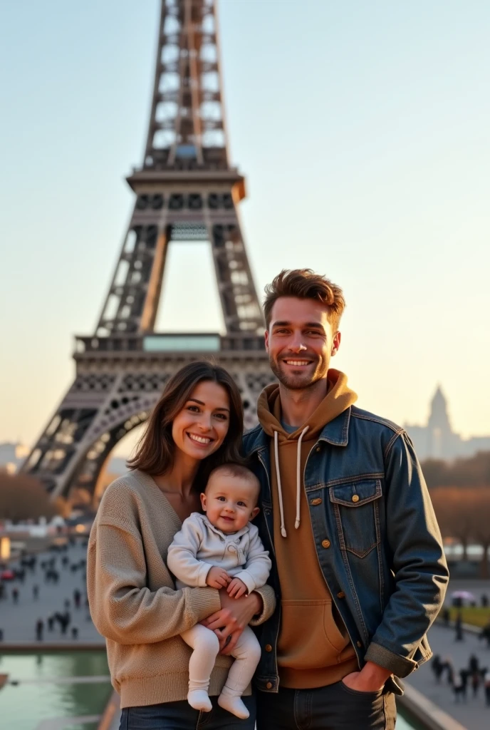 Family photo in front of the Eiffel Tower, in paris. the woman has medium brown hair, she is white and holding a baby in her arms. Beside her tall white husband, with a gorgeous smile (Photorealism)