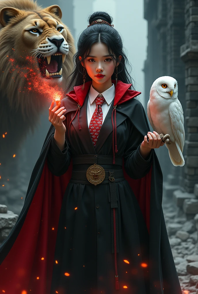 photorealistic photo, asian woman, white skin, Facing straight, Fluffy black hair, Slender fingers, There are five fingers on each hand., Black witch cloak, Red inner hood, black witch hat, White collared inner shirt, Red and white patterned tie, In the hand holding a small magic wand, There were red sparks and red smoke coming out of the wood., A white owl stands on the right shoulder., A large golden lion with a fiery red mane appeared from the left rear., The background is an old black castle.