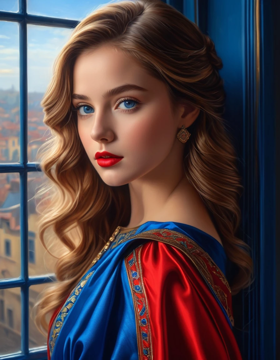 (Best quality, 4K, 8 K, a high resolution, masterpiece: 1.2), (super detailed, realistic, Фотоrealistic:1.37)Charming young girl, wearing a striking red and blue ensemble, stands in front of the window with a stern and determined look. Her charming eyes are exquisitely detailed.., capturing every shimmer and depth, while her lips boast a meticulous beauty, at the same time captivating and enticing.. The level of detail extends to her entire face.., every contour and detail is carefully drawn to perfection, creating a sense of hyperrealism, which attracts the viewer. 

Girl&#39;s outfit, resembles oil painting, a work of art in itself. factory, skillfully executed, reminiscent of bright brush strokes, adds a touch of dynamism to its overall appearance. This is a true reflection of the artist&#39;s talent.., demonstration of skill