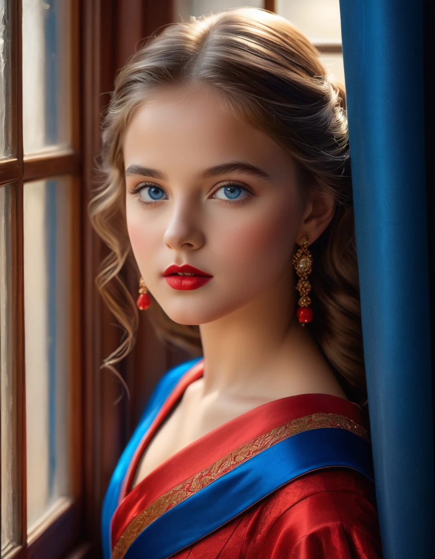 (Best quality, 4K, 8 K, a high resolution, masterpiece: 1.2), (super detailed, realistic, Фотоrealistic:1.37)Charming young girl, wearing a striking red and blue ensemble, stands in front of the window with a stern and determined look. Her charming eyes are exquisitely detailed.., capturing every shimmer and depth, while her lips boast a meticulous beauty, at the same time captivating and enticing.. The level of detail extends to her entire face.., every contour and detail is carefully drawn to perfection, creating a sense of hyperrealism, which attracts the viewer. 

Girl&#39;s outfit, resembles oil painting, a work of art in itself. factory, skillfully executed, reminiscent of bright brush strokes, adds a touch of dynamism to its overall appearance. This is a true reflection of the artist&#39;s talent.., demonstration of skill