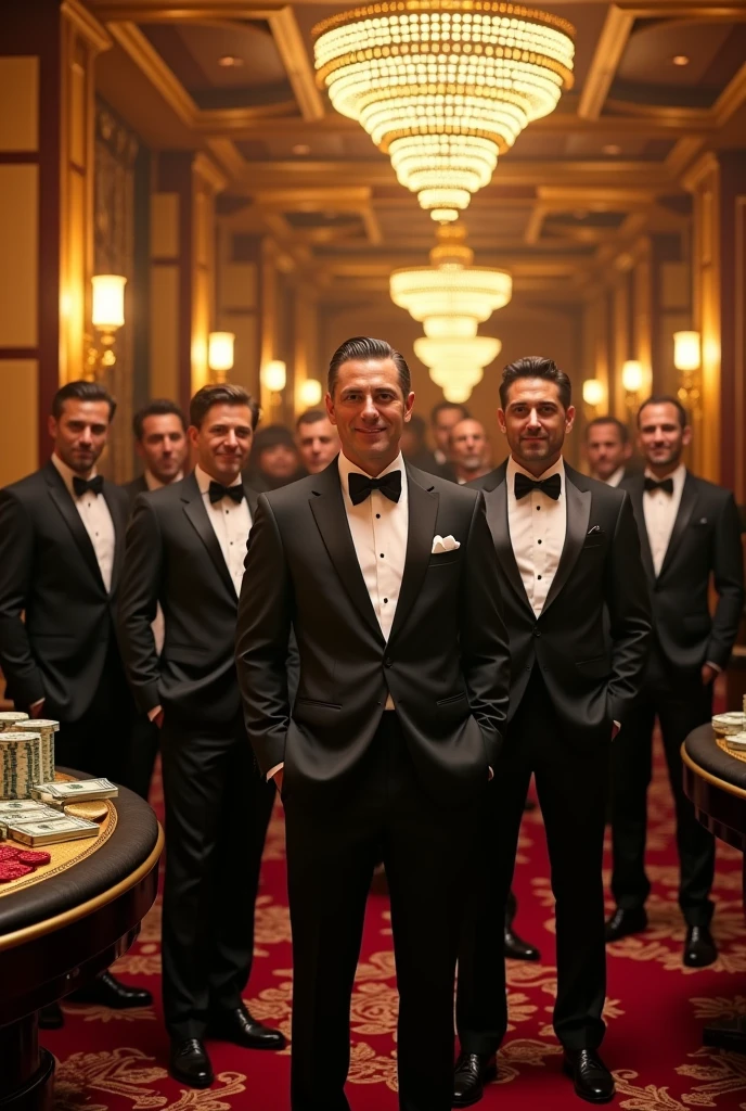 Golden Globe，gold，Dollar，chips，Men in suits，casino，The spectacle is spectacular，4D model，Domineering，(International film visual style)，The image quality is clear and detailed，high resolution，High Fidelity



