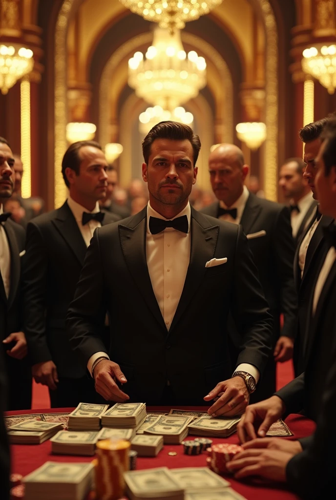 Golden Globe，gold，Dollar，chips，Men in suits，casino，The spectacle is spectacular，4D model，Domineering，(International film visual style)，The image quality is clear and detailed，high resolution，High Fidelity



