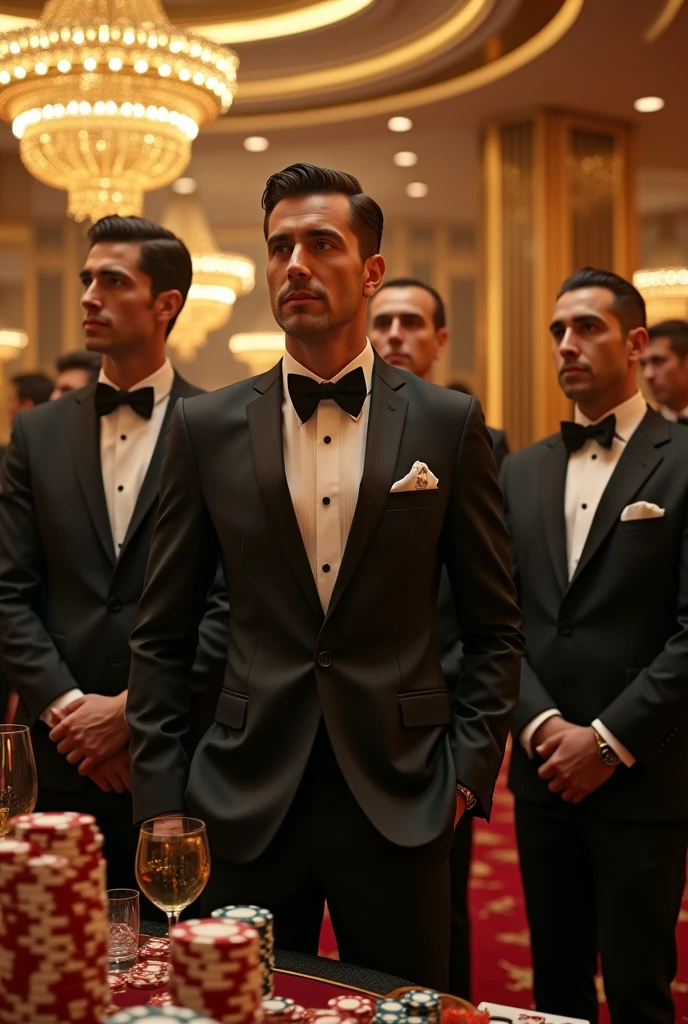 Golden Globe,gold,Dollar,chips,Men in suits,casino,The spectacle is spectacular,4D model,Domineering,(International film visual style),The image quality is clear and detailed,high resolution,High Fidelity