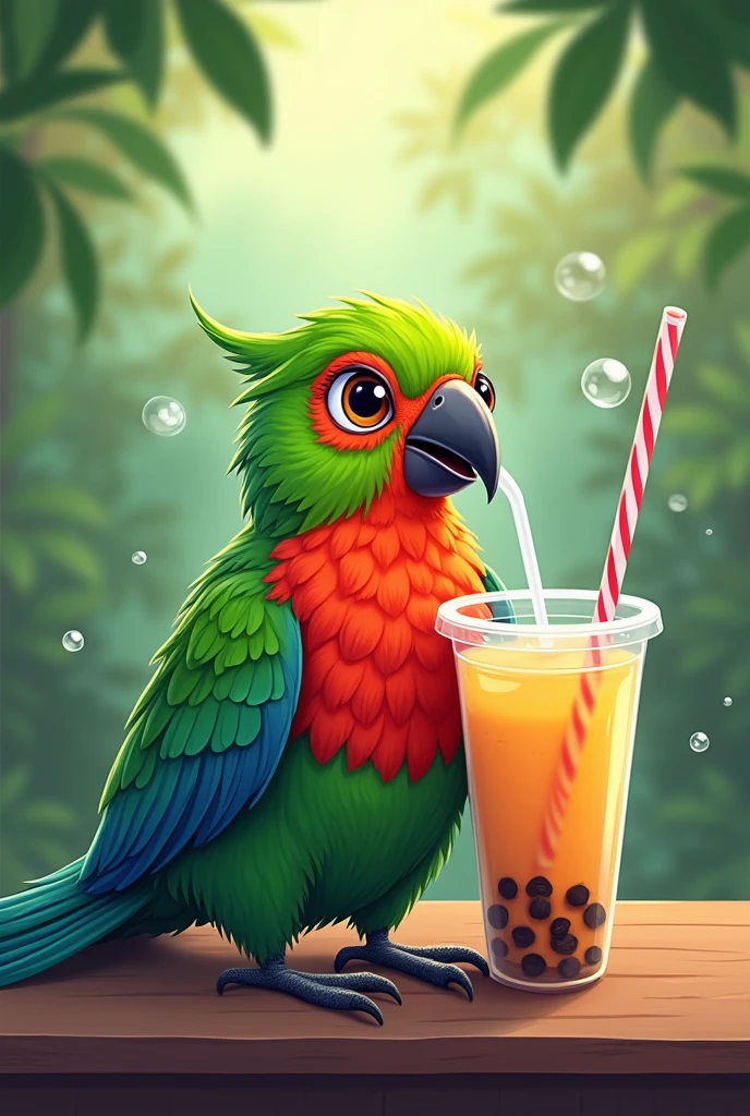 Cartoon of a quetzal drinking bubble tea