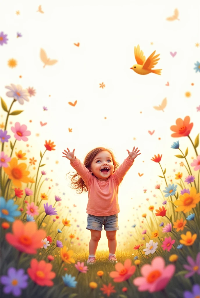 up side white,down side colorful,blooming beautiful colorful flowers,little bird flying up,cute baby girl raise hands,she smiling,she exciting,best quality image,