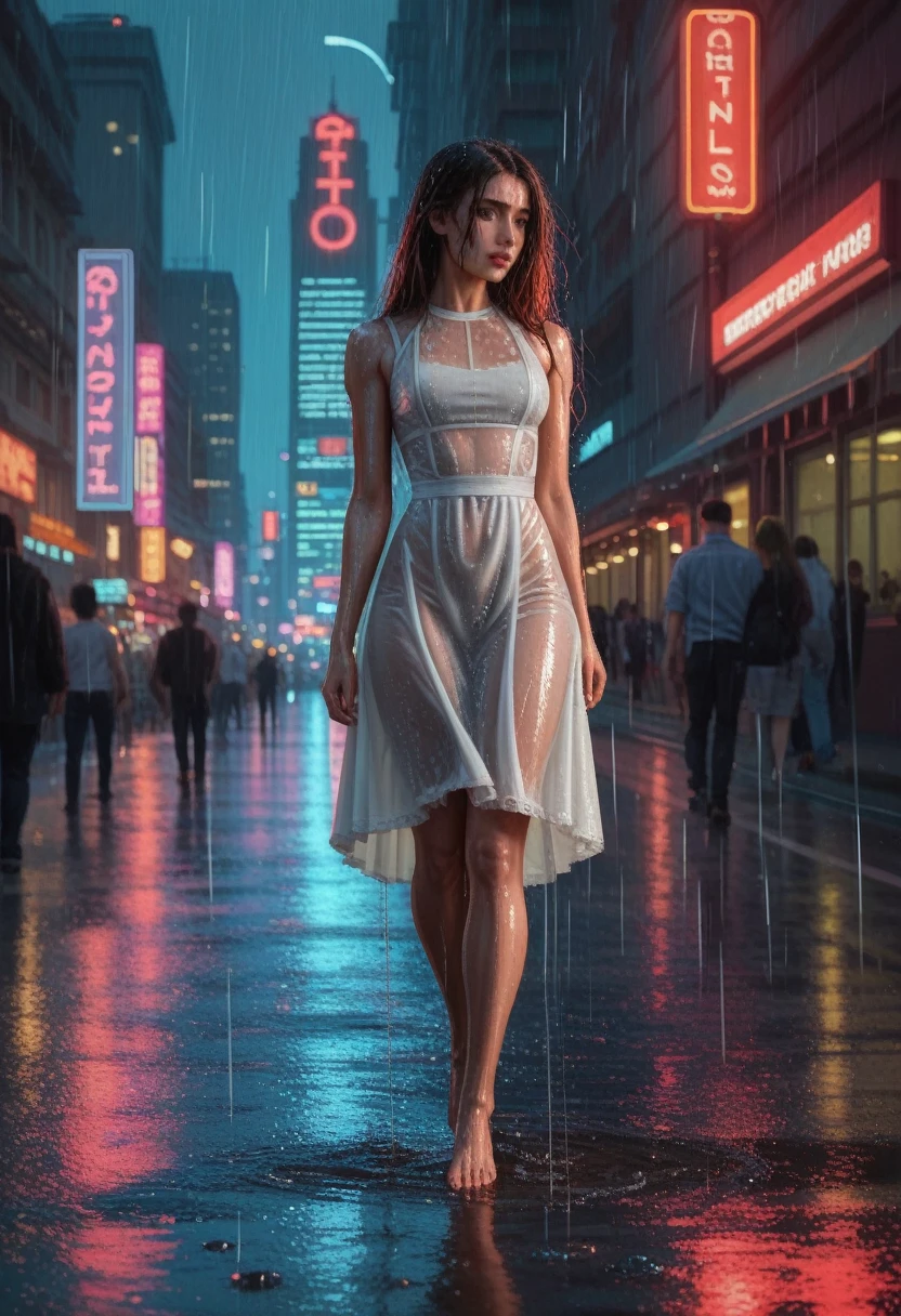 mix4, (8k, foto RAW, melhor qualidade, obra-prima: 1.2), (realista, foto-realista: 1.37), 1girl, bonita, loira, adolescente, alta, loira, cabelos curtos, franja, abdome fino, cintura estreita, magra  paisagem urbana, noite, chuva, molhado, profesional lighting, photon maping, radiosidade, physics based rendering, corpo inteiro, coxas grossas, caminhando, middlebreasts, usando vestido curto de latex branco, high-heeled shoes, sapatos pretos de salto alto, sapatos de couro preto brilhantes