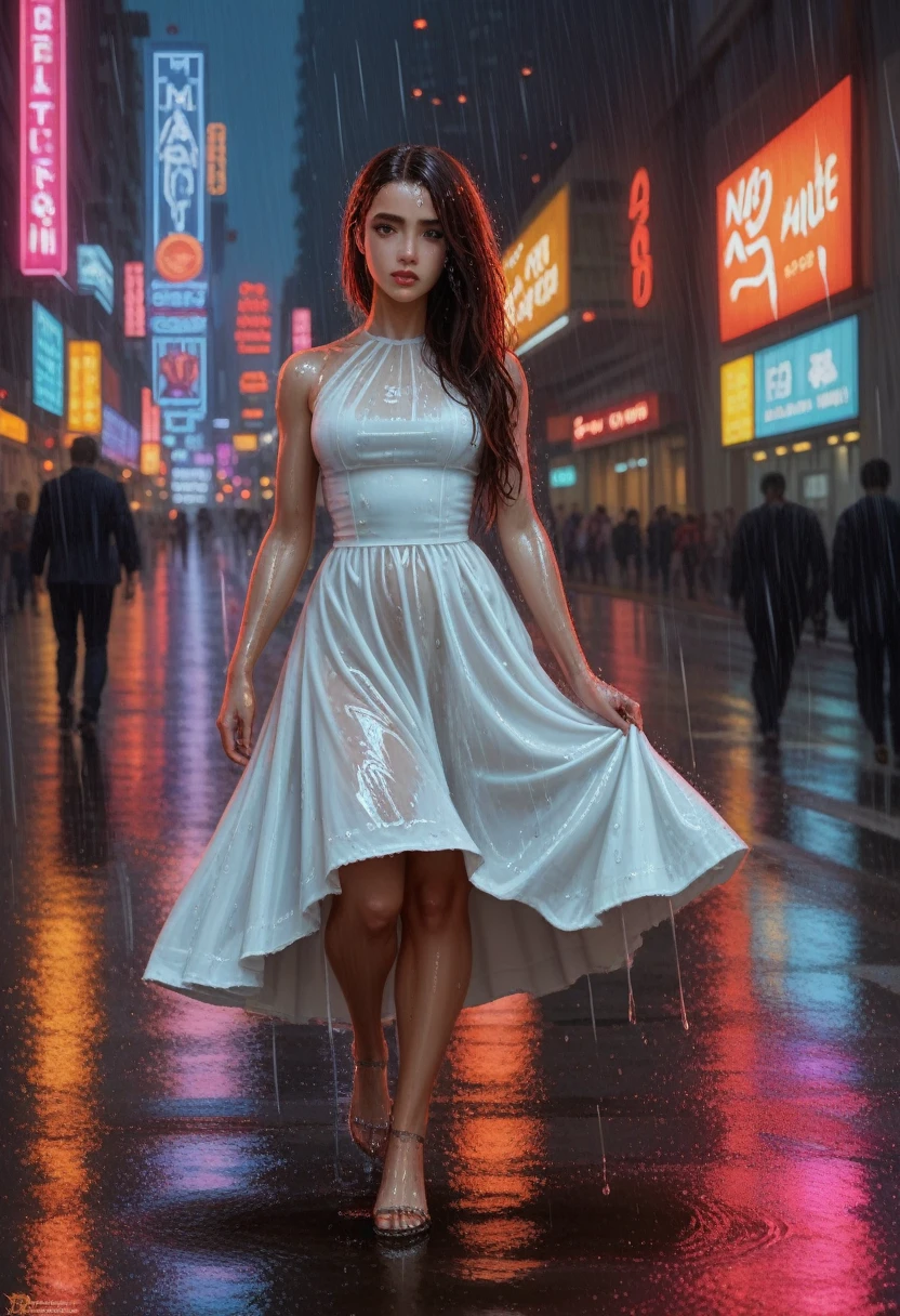 a beautiful cyborg woman, intricate details, masterpiece, absurdres, beautiful figure, slim body, magnificent anatomy, intricate details:1.12, HDR, intricate details, hyper-detailing:1.15, natural skin textures, hyper realistic, soft light, sharp:1.2, walking through a crowded city street, squatting, wet dress, performance, defile, cityscape, modern architecture, neon lights, rainy environment, reflective surfaces, dramatic lighting, heavy rain, raindrops, downpour, wet hair, wet pussy