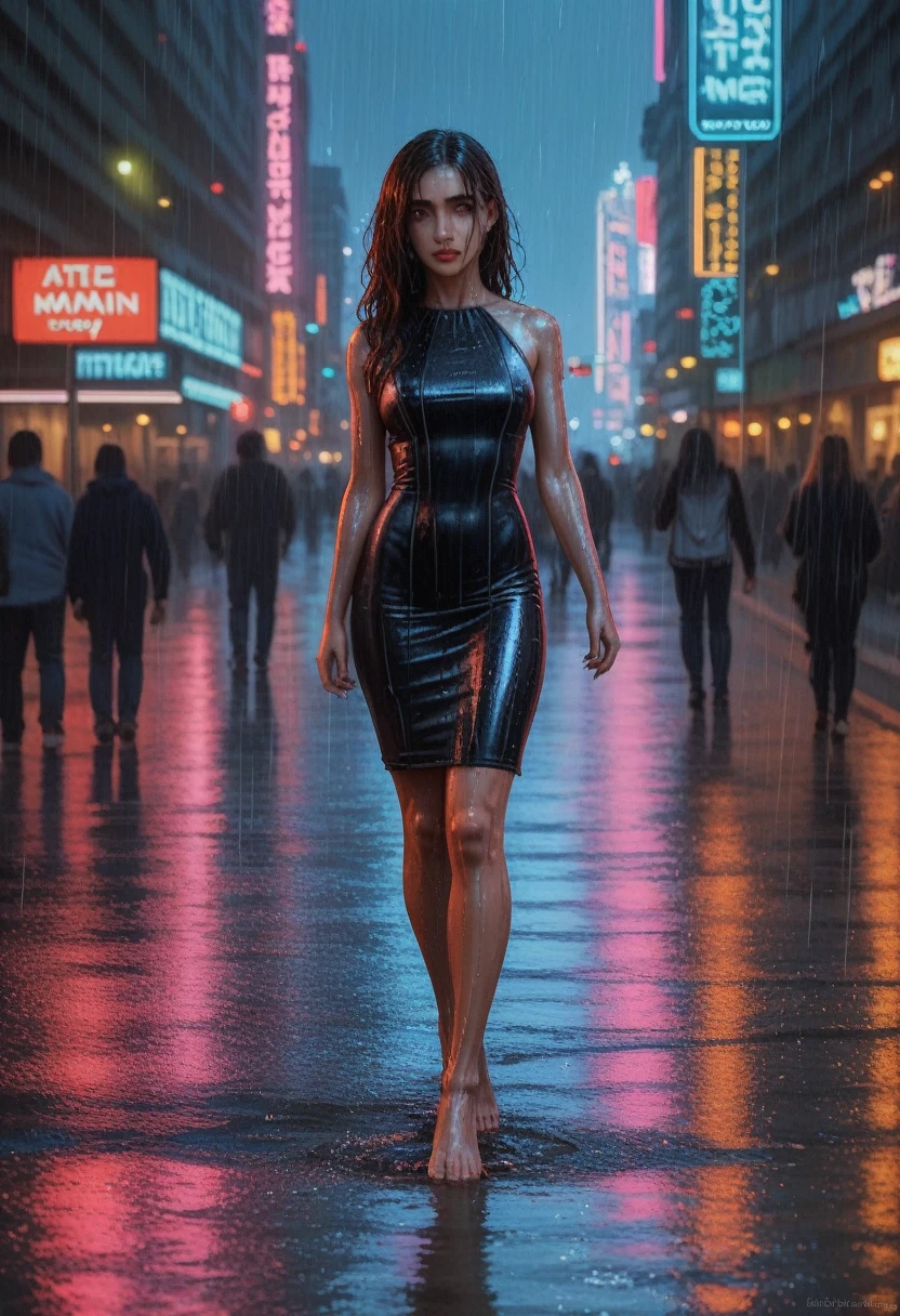 a beautiful cyborg woman, intricate details, masterpiece, absurdres, beautiful figure, slim body, magnificent anatomy, intricate details:1.12, HDR, intricate details, hyper-detailing:1.15, natural skin textures, hyper realistic, soft light, sharp:1.2, walking through a crowded city street, squatting, wet dress, performance, defile, cityscape, modern architecture, neon lights, rainy environment, reflective surfaces, dramatic lighting, heavy rain, raindrops, downpour, wet hair, wet pussy